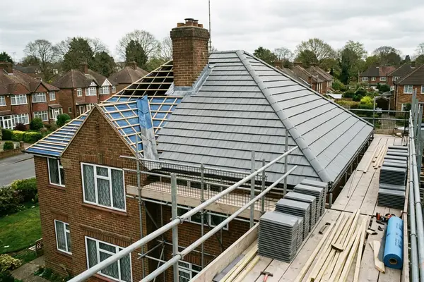 Illustration of a new roof being fitted